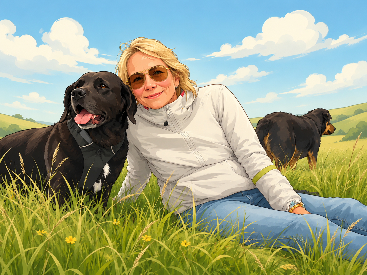 Anne with two dogs outdoors