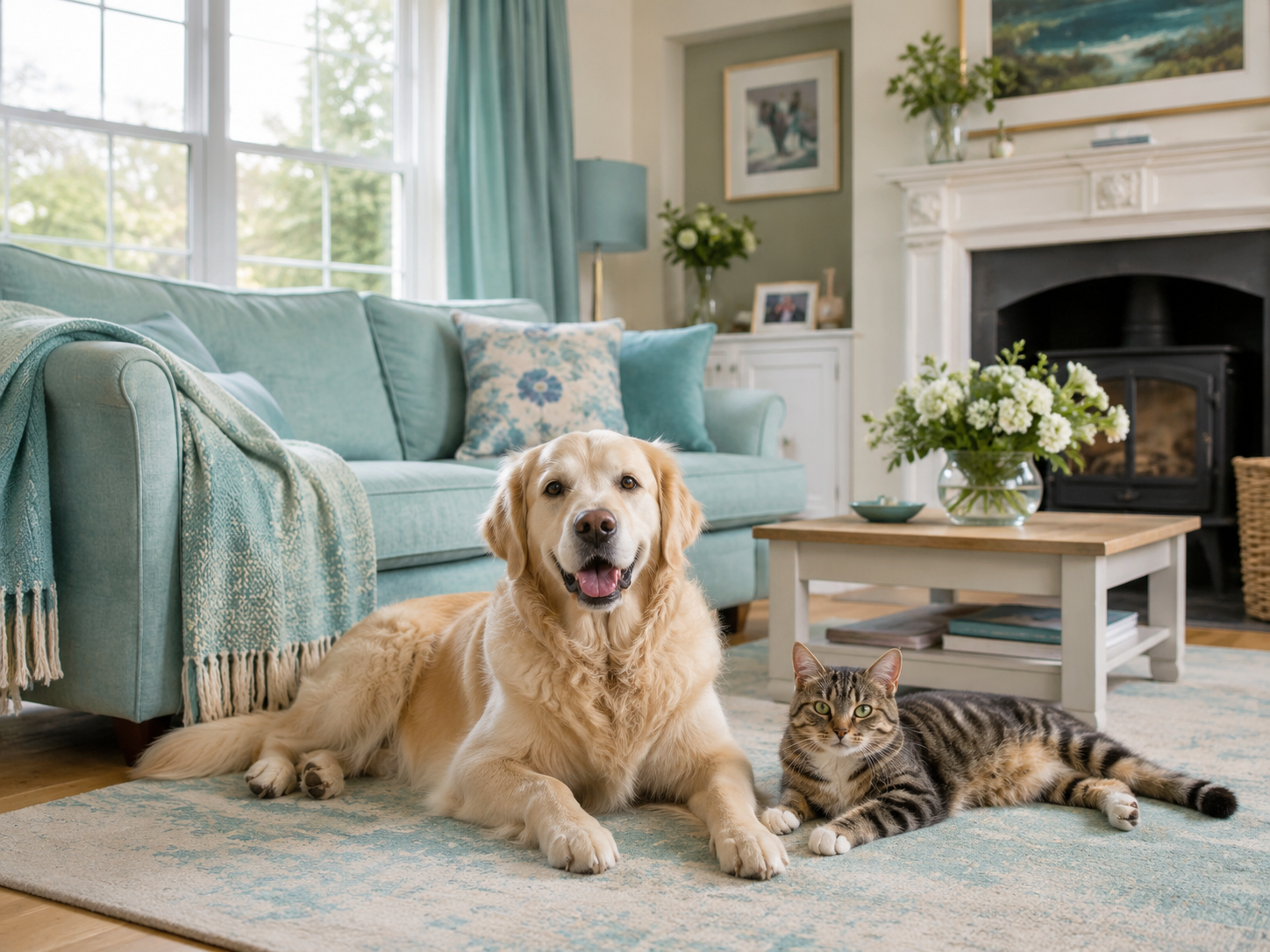 Dog and cat relaxing at home during a pet visit in Wilmslow